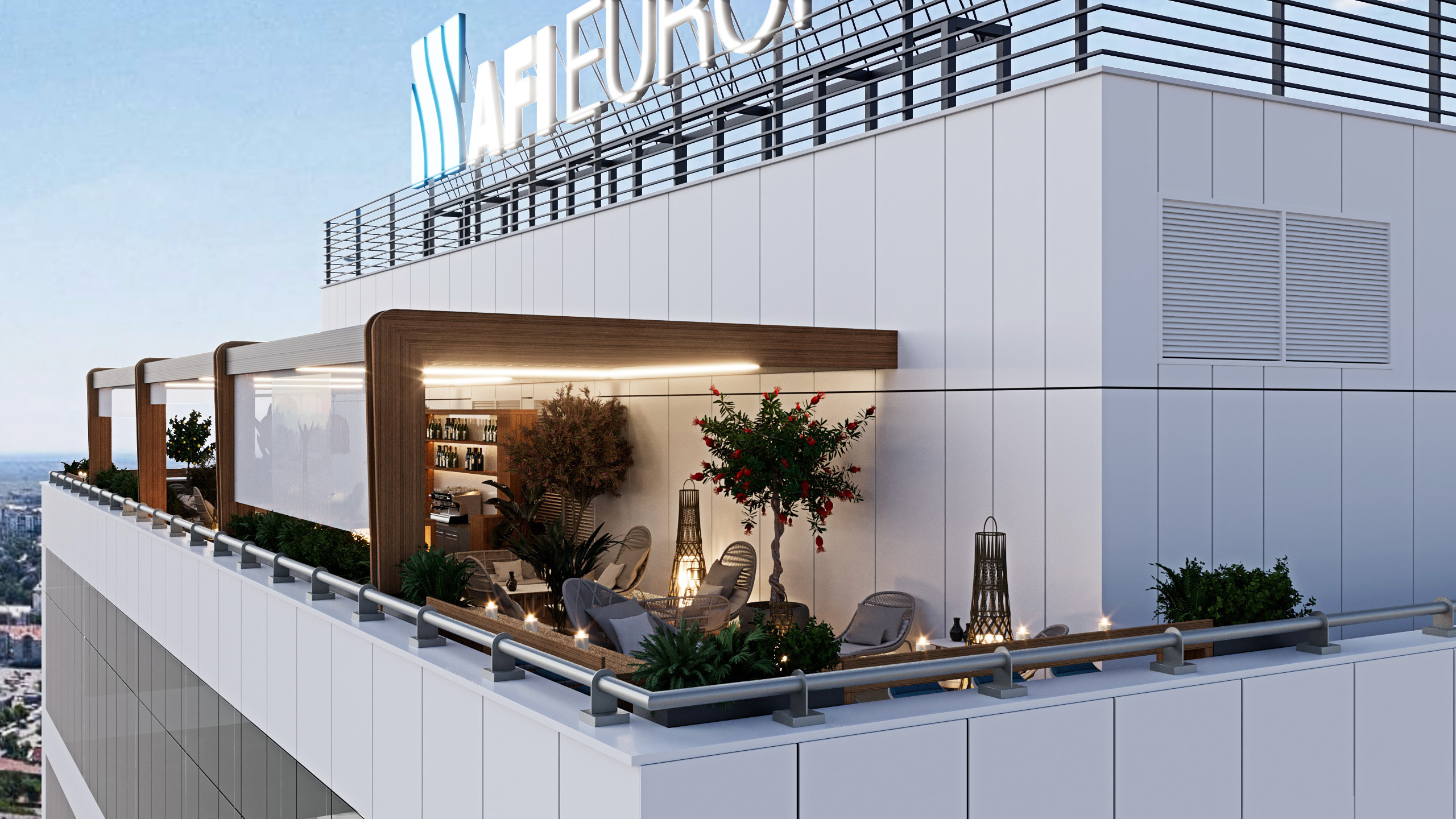 Design of a rooftop terrace for Afi Europe in Airport City office complex, Belgrade, Serbia. Main goal was to design a relaxing space.